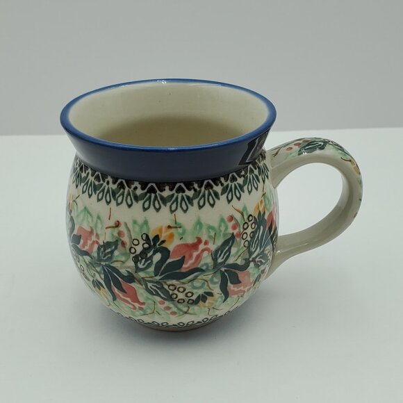 Polish Pottery Rose Bud Roundup Bubble Mug Red Yellow Flowers Blue Green Leaves - Picture 2 of 10